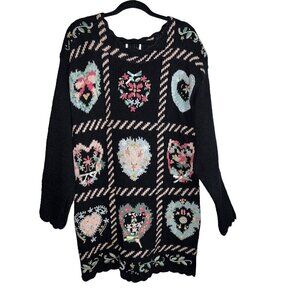 Vintage 90s Katie Lee Heart COTTAGECORE Knitted Tunic Sweater Embellished
